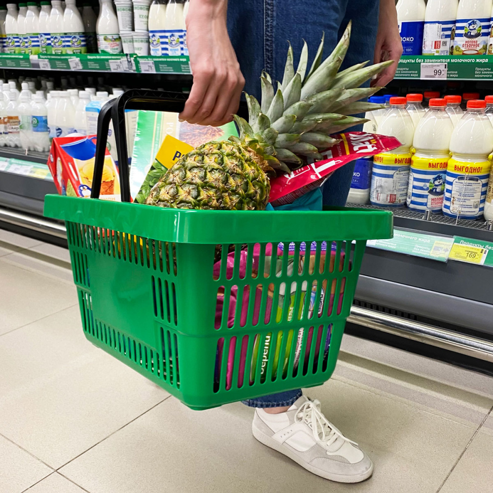 00_Корзина покупательская пластиковая с 2 ручками, 20 л, УСИЛЕННАЯ, Зеленый